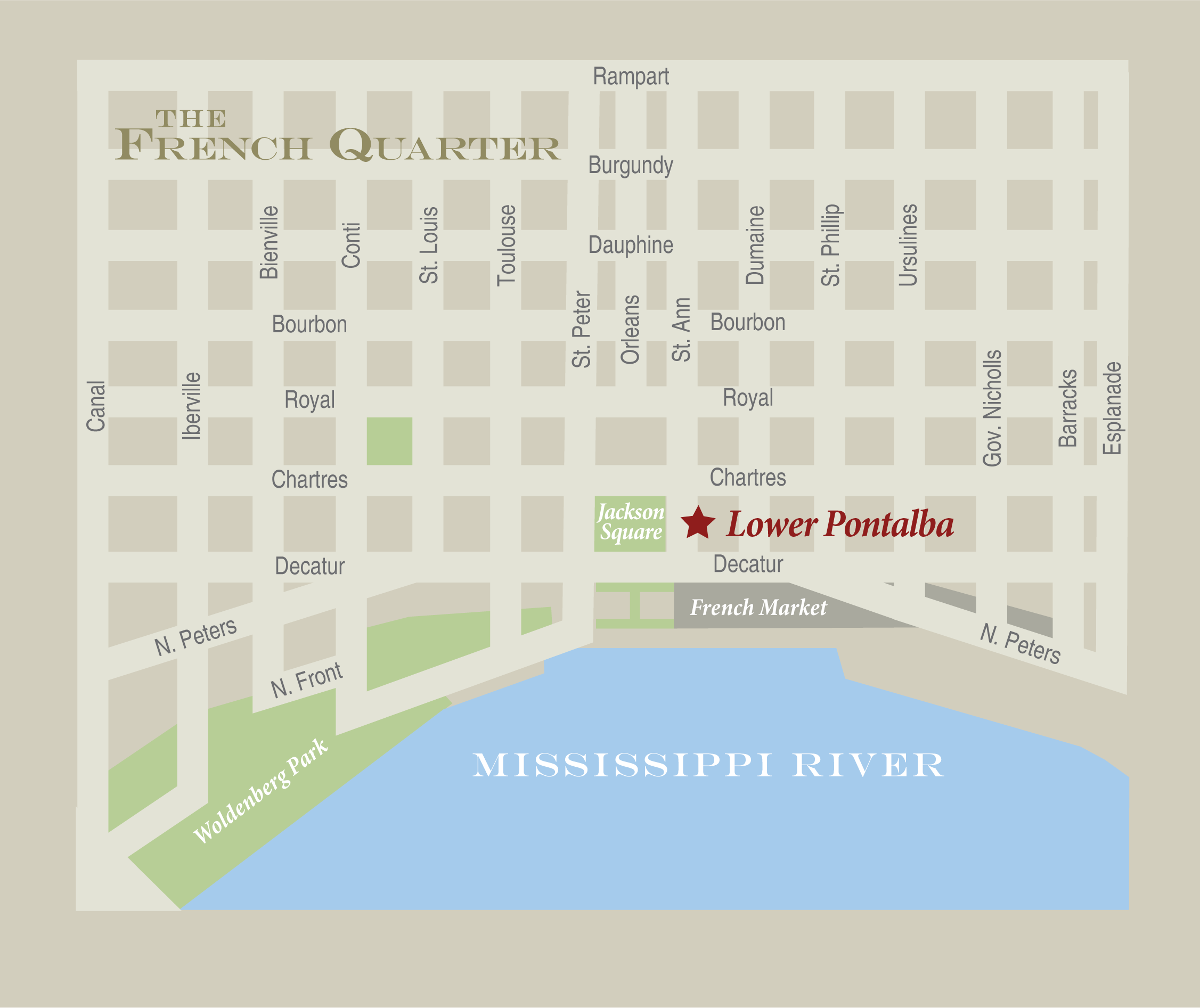 Map highlighting the location of the Lower Pontalba in the French Quarter of New Orleans