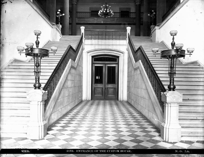 Entrance of the Custom House. George François Mugnier or F. E. Derr, c. 1880–1920. Collodion on glass plate, 8 x 10 inches. Louisiana State Museum 09813.0047.