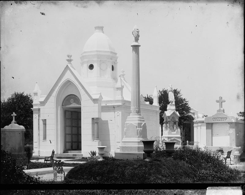Young Men's Excelsior Benevolent Association Tomb, Metairie Cemetery. George François Mugnier or F. E. Derr, c. 1880–1920. Collodion on glass plate, 8 x 10 inches. Louisiana State Museum 09813.0109.