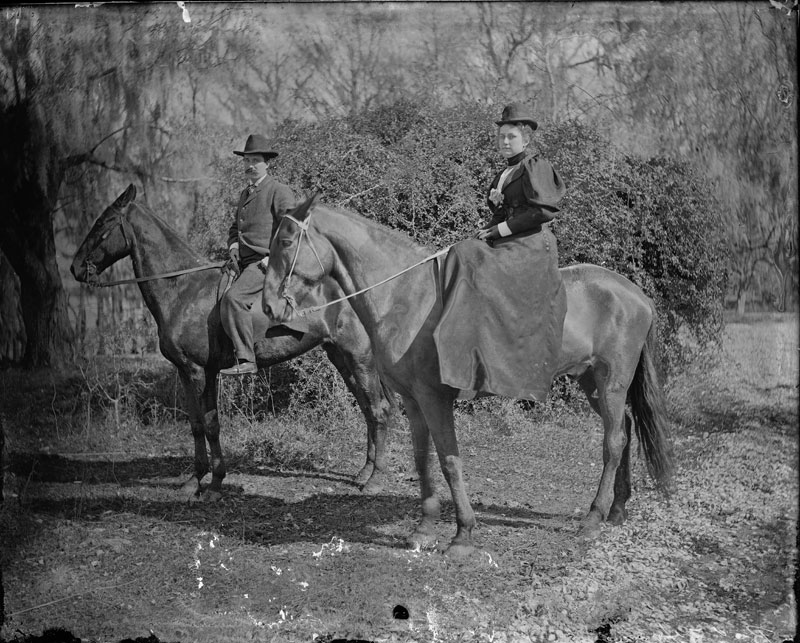Mr. and Mrs. Ware on Horseback. George François Mugnier, c. 1880–1920. Collodion on glass plate, 8 x 10 inches. Louisiana State Museum 09813.0252.