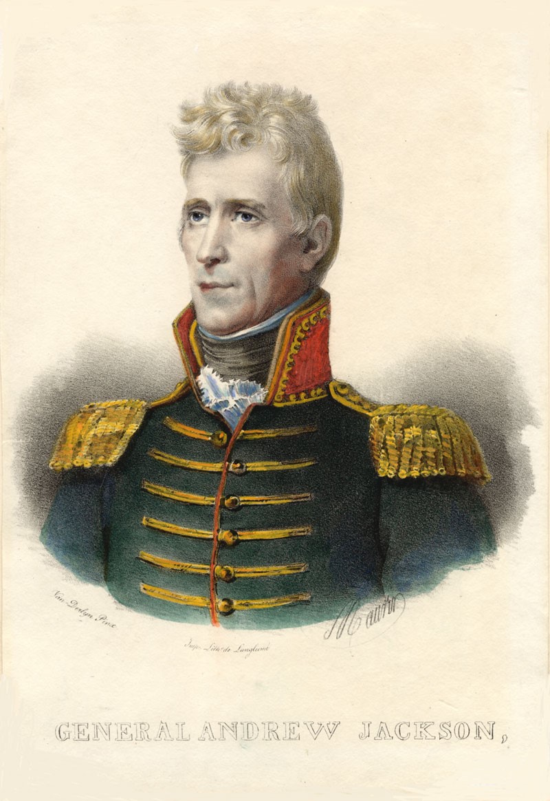 General Andrew Jackson. Engraved by Langlume after composition by John Vanderlyn, 1837. Hand-colored lithograph. Gift of Albert Lieutard, Louisiana State Museum 1955.236.