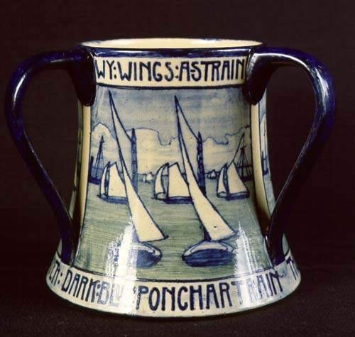 Tyg, Lake Pontchartrain. Mary Pearl Davis, decorator; Joseph Meyer, potter. Newcomb Pottery, 1902. Earthenware. Louisiana State Museum 1996.1.2.2.