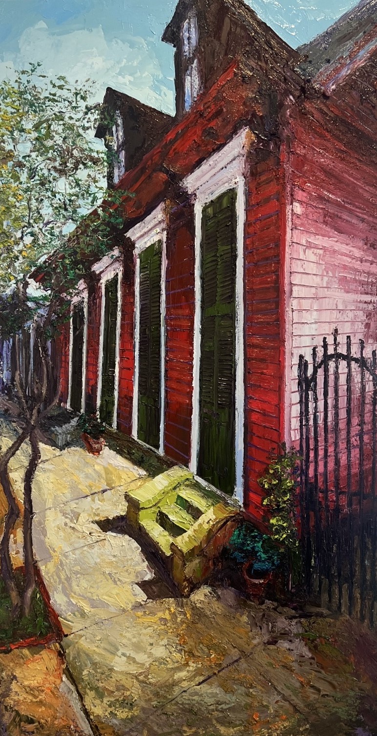 Ein Fin. Painting by James Michalopoulos. Daytime view of a red Creole cottage in New Orleans with green shutters, white trim, and a wrought-iron fence. Bright sunlight hits the cracked yellow sidewalk, with trees and plants adding texture.