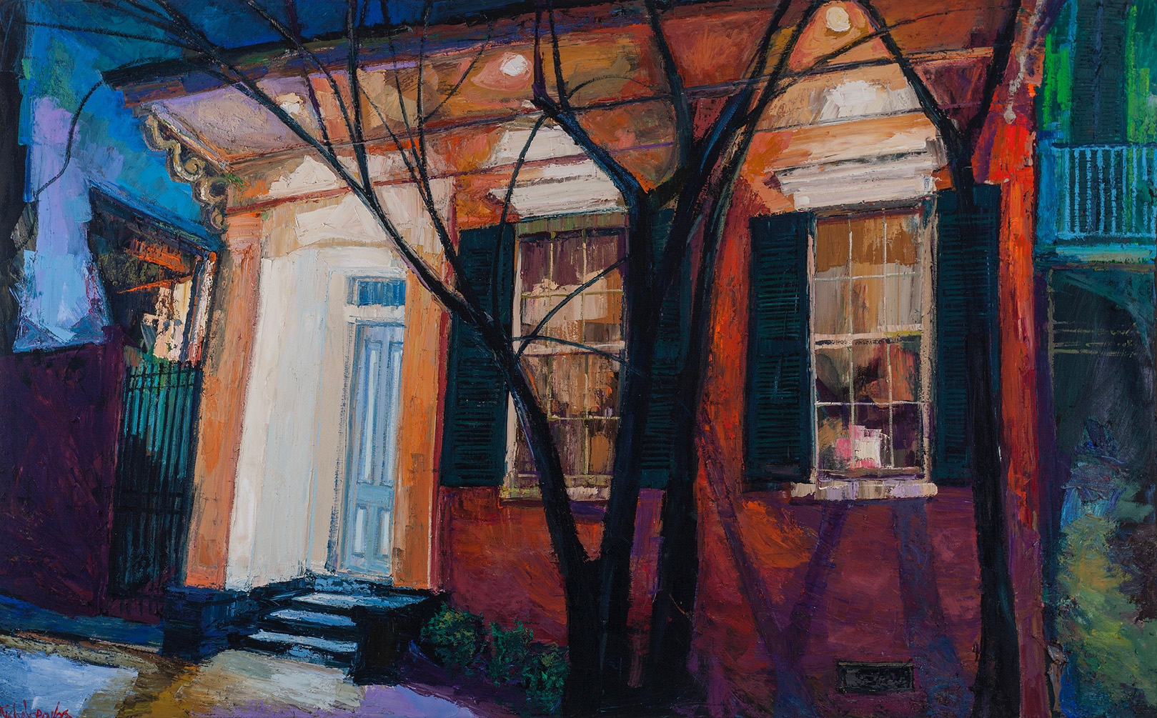 Seranade. Painting by James Michalopoulos. Evening scene of a glowing orange Creole townhouse with green shutters in New Orleans. Bare tree branches stretch across the composition, while warm light spills from windows and doorways.