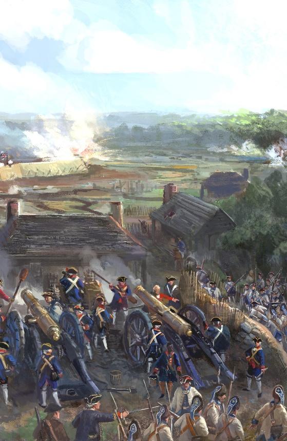 Color painting of the 1779 Siege of Baton Rouge, showing Spanish troops operating large cannons against the British fort. Smoke rises from the battlefield as soldiers in blue and red uniforms engage in combat. 