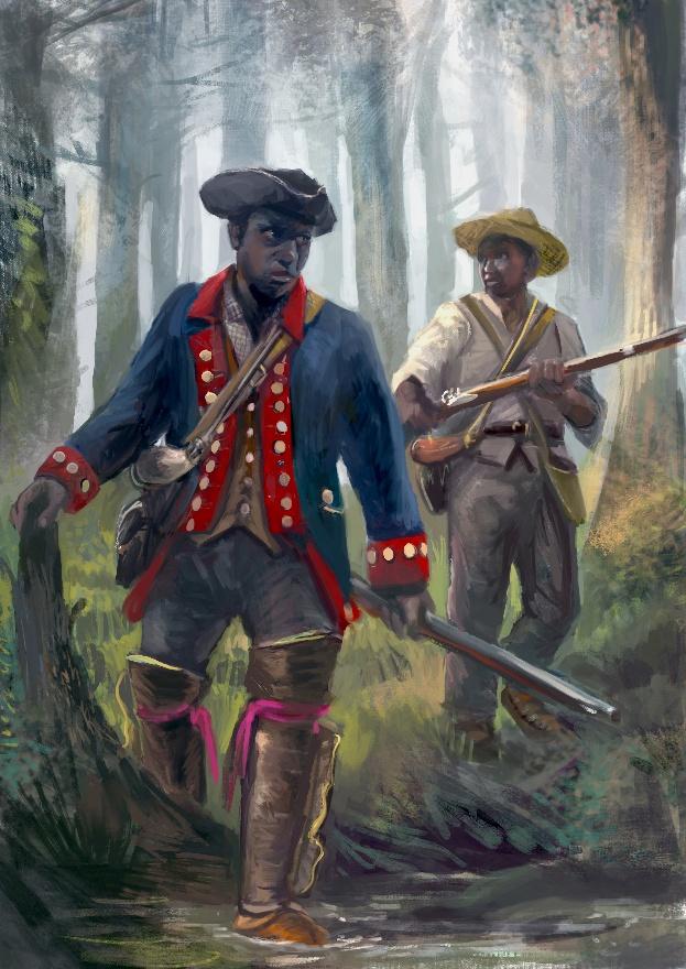 Painting of two Black soldiers in a forest during the American Revolution. The figure in front wears a blue and red Spanish military coat with tall boots and carries a musket, while the man behind him, in a wide-brimmed straw hat and simple shirt, also carries a musket. They move cautiously through shallow water in a wooded landscape.