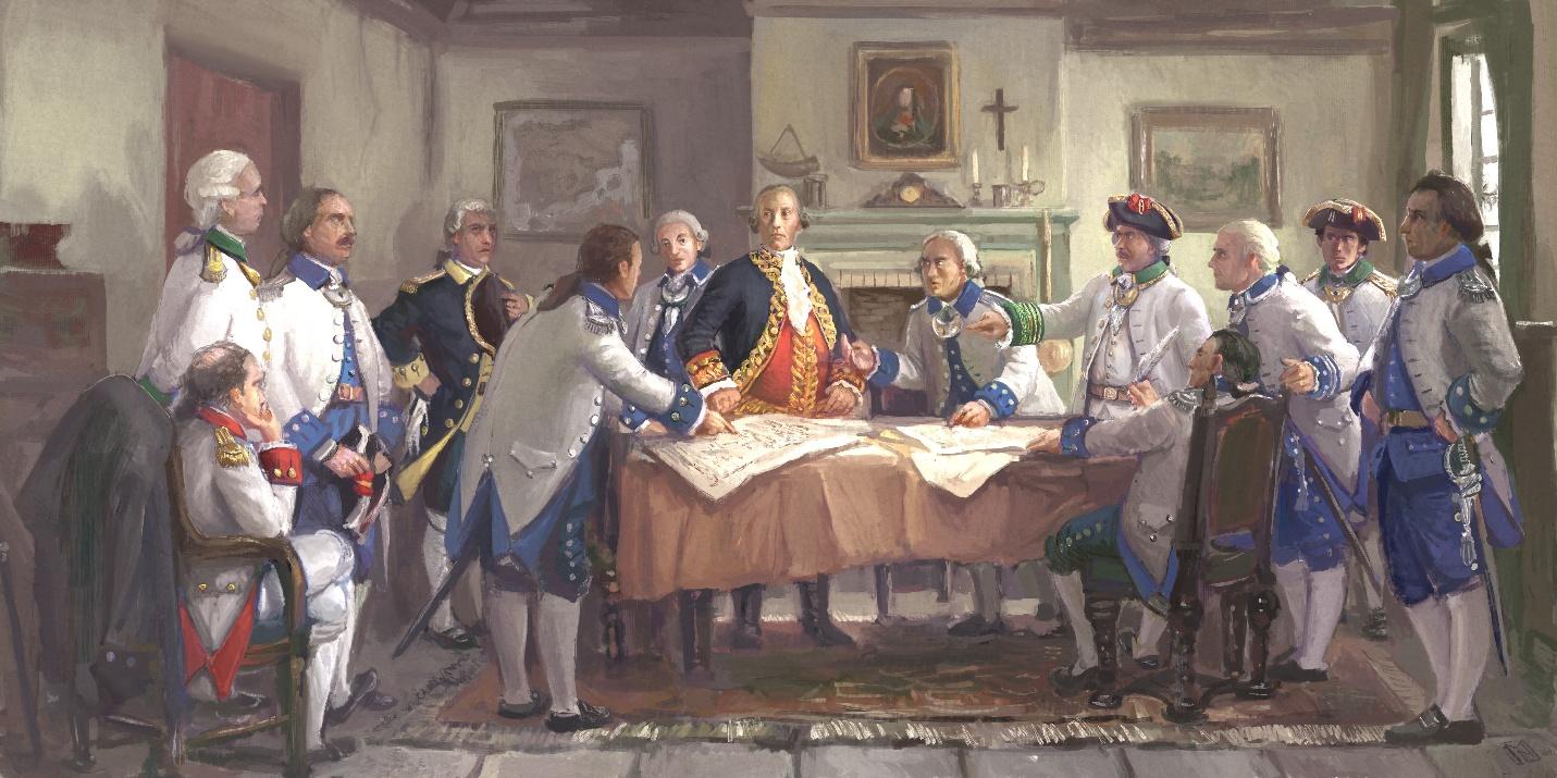 Painting of Bernardo de Gálvez and his officers gathered around a large table during a war council (Junta de Guerra) in July 1779. Gálvez, in a red and gold uniform, stands at the center directing discussion as maps are spread before them.