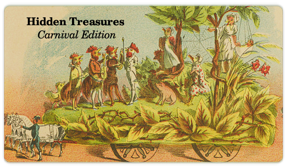 Illustrated design of a historic Carnival float featuring costumed figures standing among palm trees and greenery on a wheeled platform, rendered in a vintage, hand-colored style. Text at upper left reads “Hidden Treasures: Carnival Edition.”