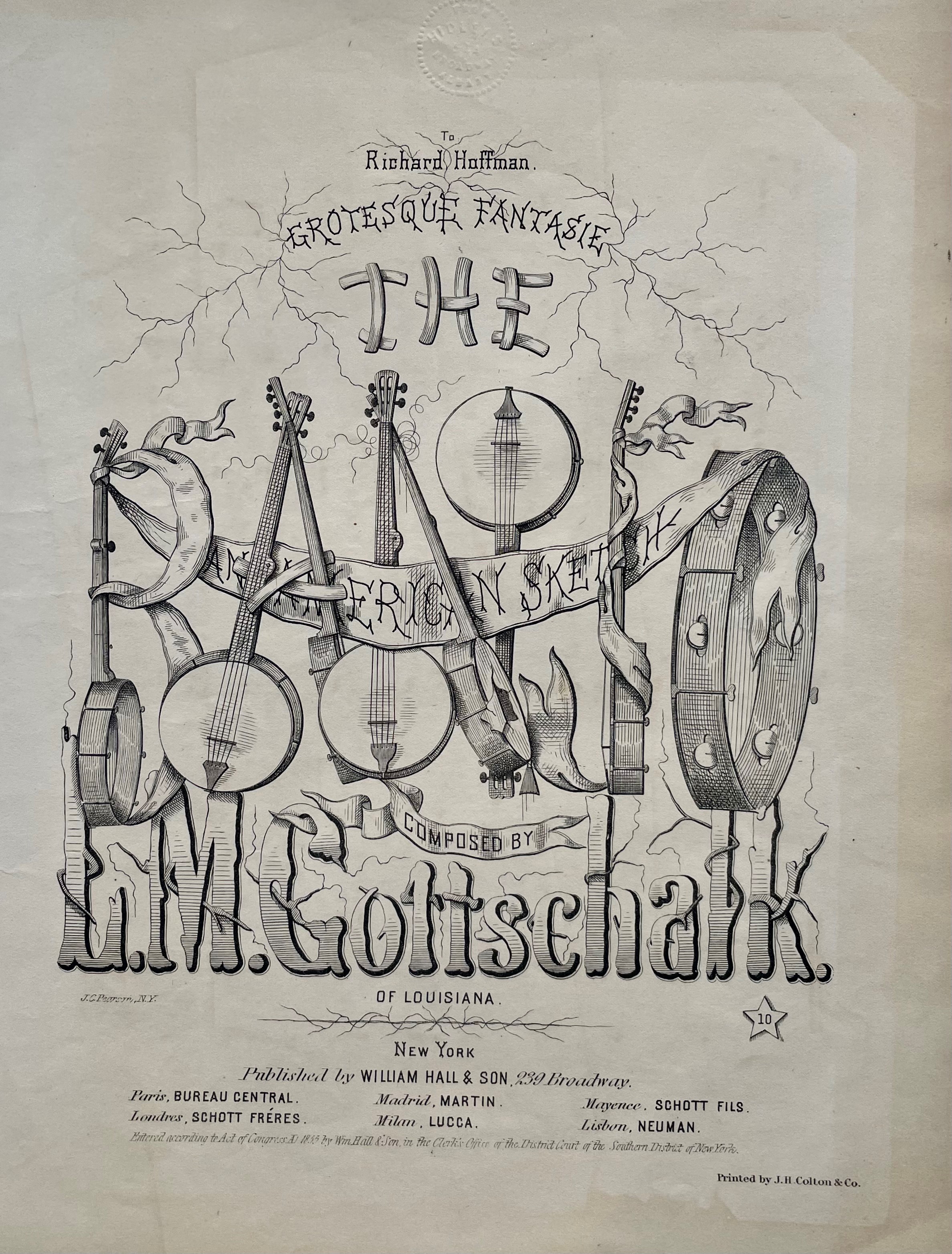 Elaborate sheet music cover titled “Grotesque Fantasie” by Louis Moreau Gottschalk, illustrated with banjos, drums, and stringed instruments arranged in a theatrical composition with ribbon banners and ornate typography.