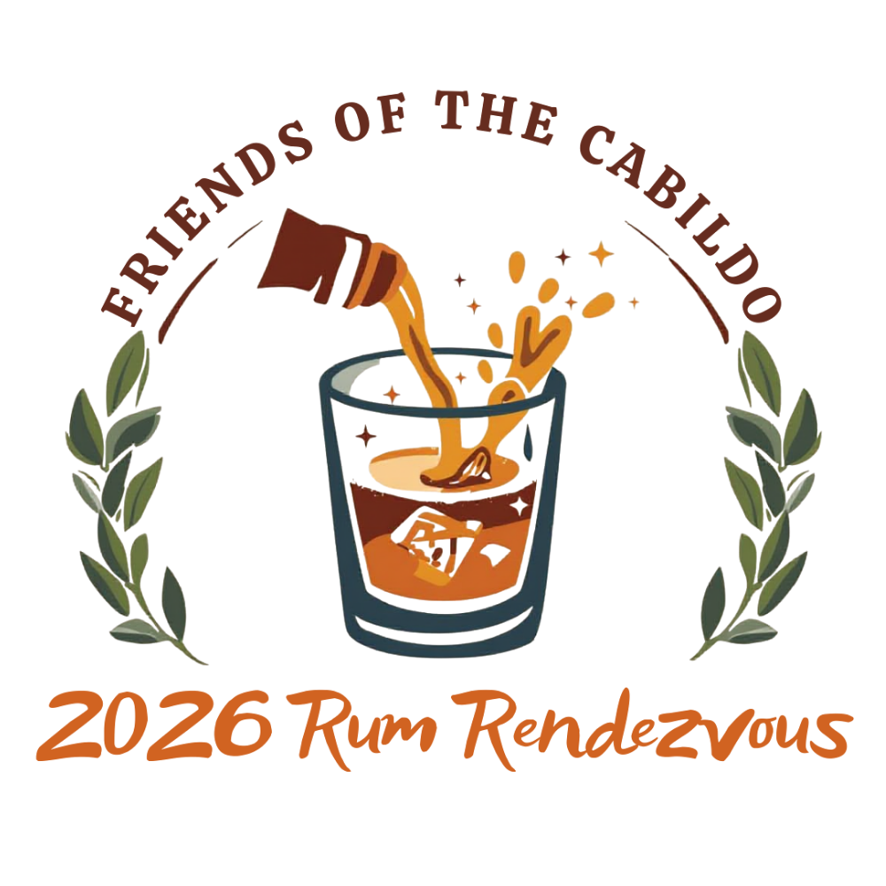 A graphic for the 2026 Rum Rendezvous event. The design features the words “Friends of the Cabildo” arched across the top above an illustrated glass of rum with ice cubes. A bottle pours rum into the glass, with splashes and small sparkles around it. Green leafy branches frame the glass on both sides. At the bottom, in large orange script and numerals, it reads “2026 Rum Rendezvous.”