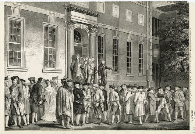 Black-and-white historical illustration showing Colonel John Nixon reading the Declaration of Independence to a crowd gathered outside the Pennsylvania State House, now Independence Hall, in Philadelphia on July 8, 1776.