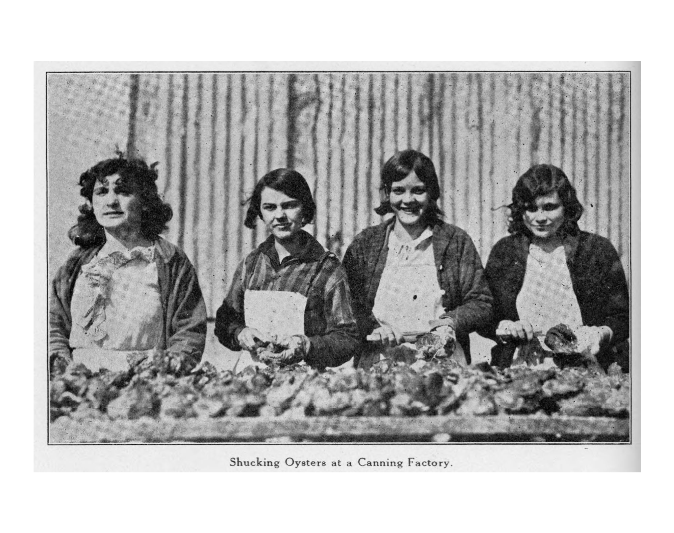 Black-and-white archival photograph of four women shucking oysters at a canning factory, standing behind a large table piled with oyster shells. A printed caption below reads, “Shucking Oysters at a Canning Factory.”