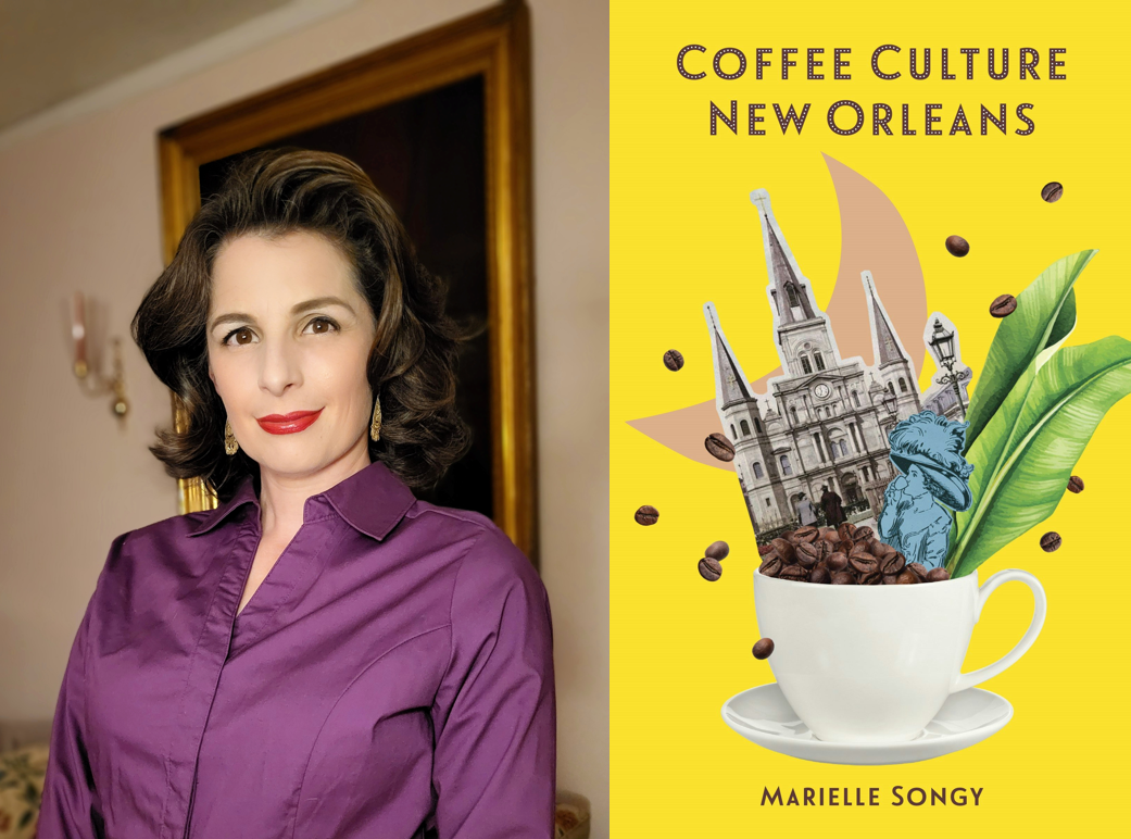 Portrait of a woman in a purple blouse beside the cover of Coffee Culture New Orleans by Marielle Songy. The bright yellow book cover features an illustration of St. Louis Cathedral, coffee beans and leaves, a New Orleans street figure, and a white coffee cup filled with beans.