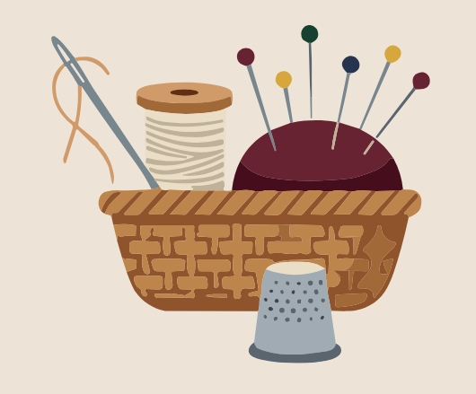 Illustration of a woven sewing basket holding a spool of thread, a threaded needle, and a burgundy pincushion filled with colorful straight pins. A gray thimble rests in front of the basket.