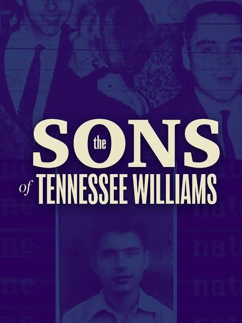 Graphic for The Sons of Tennessee Williams, featuring cream-colored title text over a purple-blue collage of archival portraits and protest imagery.