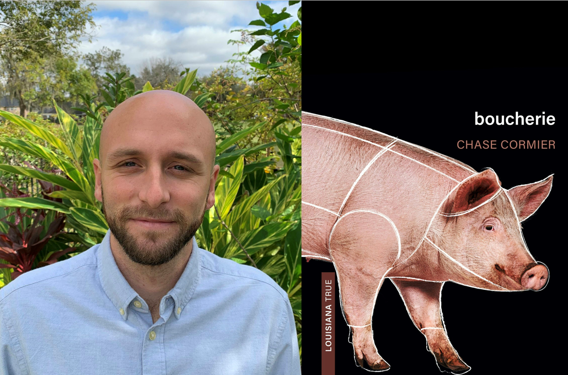 A composite image showing a portrait of author Chase Cormier on the left and his book cover on the right. On the left, Cormier is a bald man with a short beard and mustache, smiling in a light-blue button-down shirt against a background of lush green tropical plants and a cloudy sky. On the right, the book cover for boucherie features a black background with a detailed illustration of a pig, marked with white overlay lines designating traditional butcher cuts. The titles "boucherie," "Chase Cormier," and "L