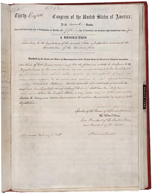 Scanned historical document titled “Thirty-Eighth Congress of the United States,” showing the January 31, 1865 joint resolution proposing the Thirteenth Amendment. The handwritten and printed page includes formal language abolishing slavery, signatures of congressional leaders, and an approval line for President Abraham Lincoln.