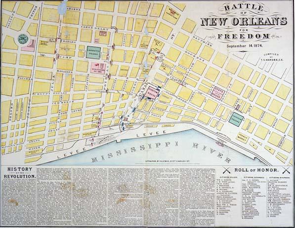 Color map titled “Battle of New Orleans for Freedom, September 14, 1874,” showing a detailed street grid of New Orleans along the Mississippi River levee. Buildings are shaded in yellow, with labeled streets, barricade lines, and key locations marked. A long text panel labeled “History of the Revolution” and a “Roll of Honor” appear along the bottom.