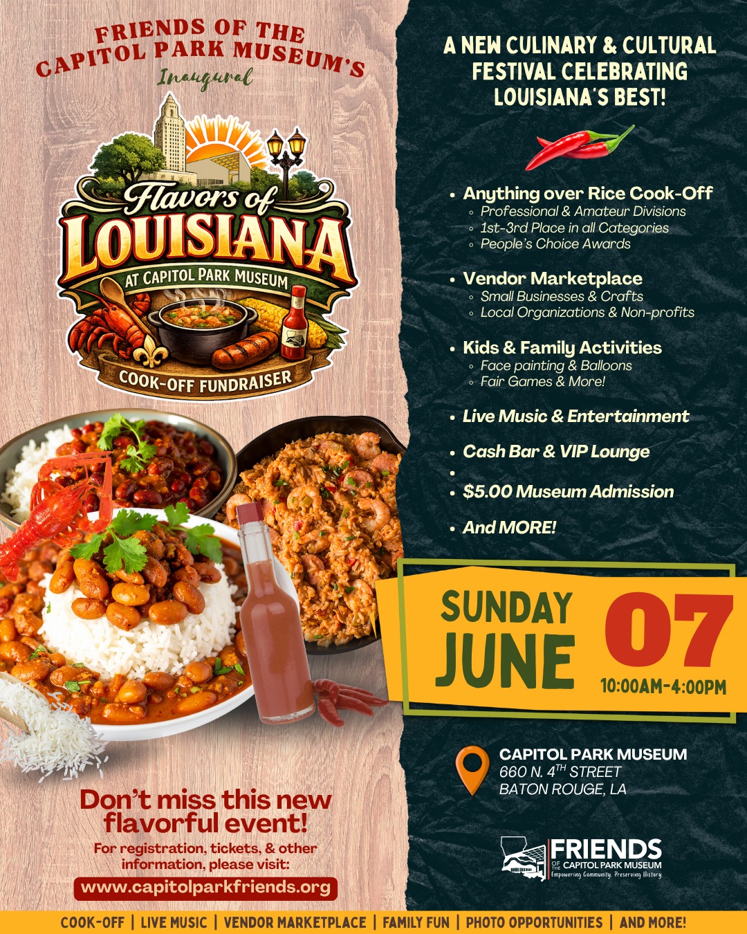 Colorful event flyer for “Flavors of Louisiana at Capitol Park Museum” cook-off fundraiser. Features images of Louisiana dishes including beans over rice, jambalaya, and crawfish, alongside a hot sauce bottle. Text highlights a culinary and cultural festival with a cook-off, vendor marketplace, family activities, live music, and VIP lounge. Event takes place Sunday, June 7, 10:00 a.m.–4:00 p.m. at Capitol Park Museum in Baton Rouge, Louisiana, with $5 museum admission.