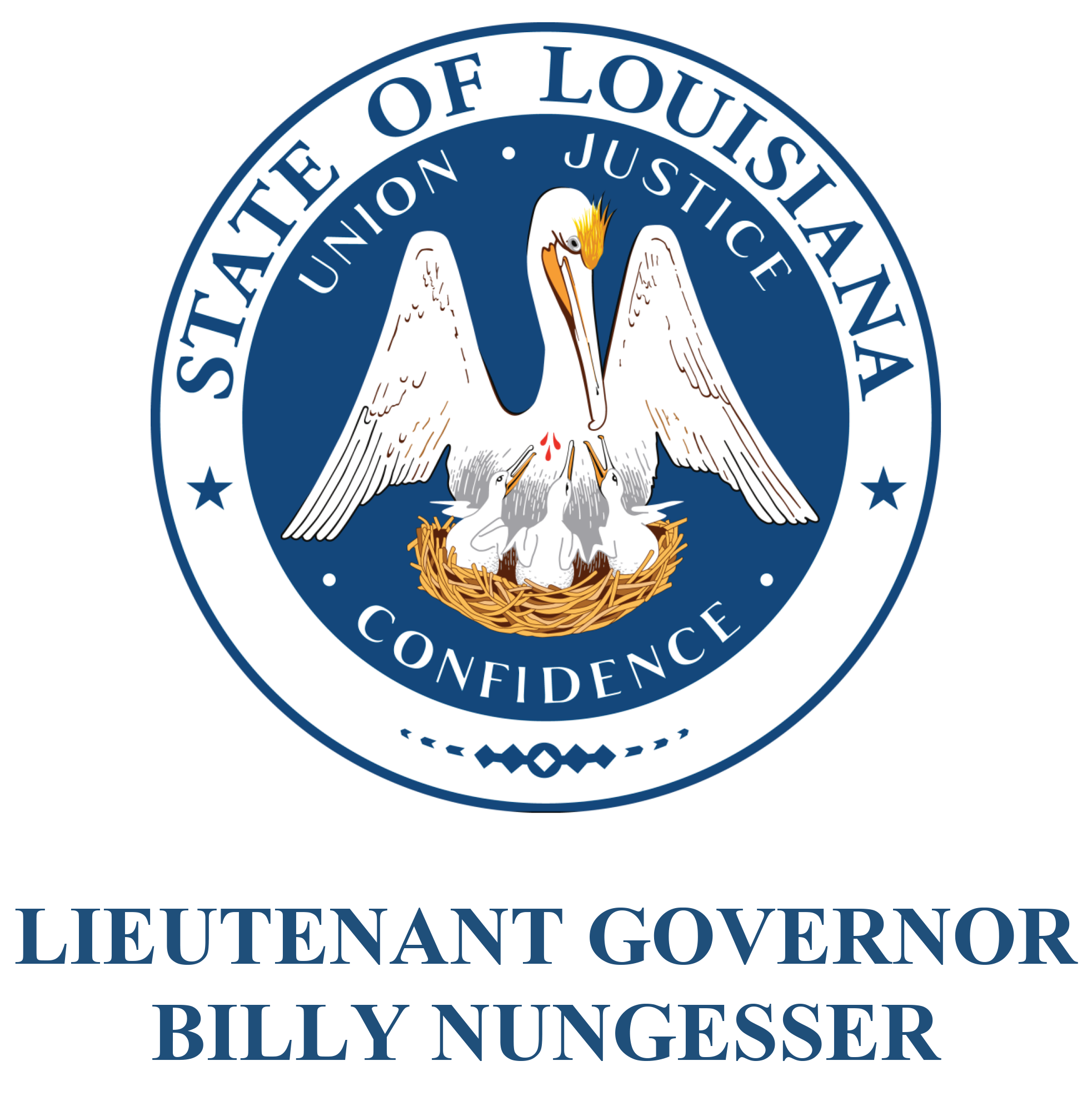 The State Seal of Louisiana is shown above the text "LIEUTENANT GOVERNOR BILLY NUNGESSER." The circular seal features a pelican feeding its young in a nest, with the state motto "Union, Justice, and Confidence" inscribed around the border.