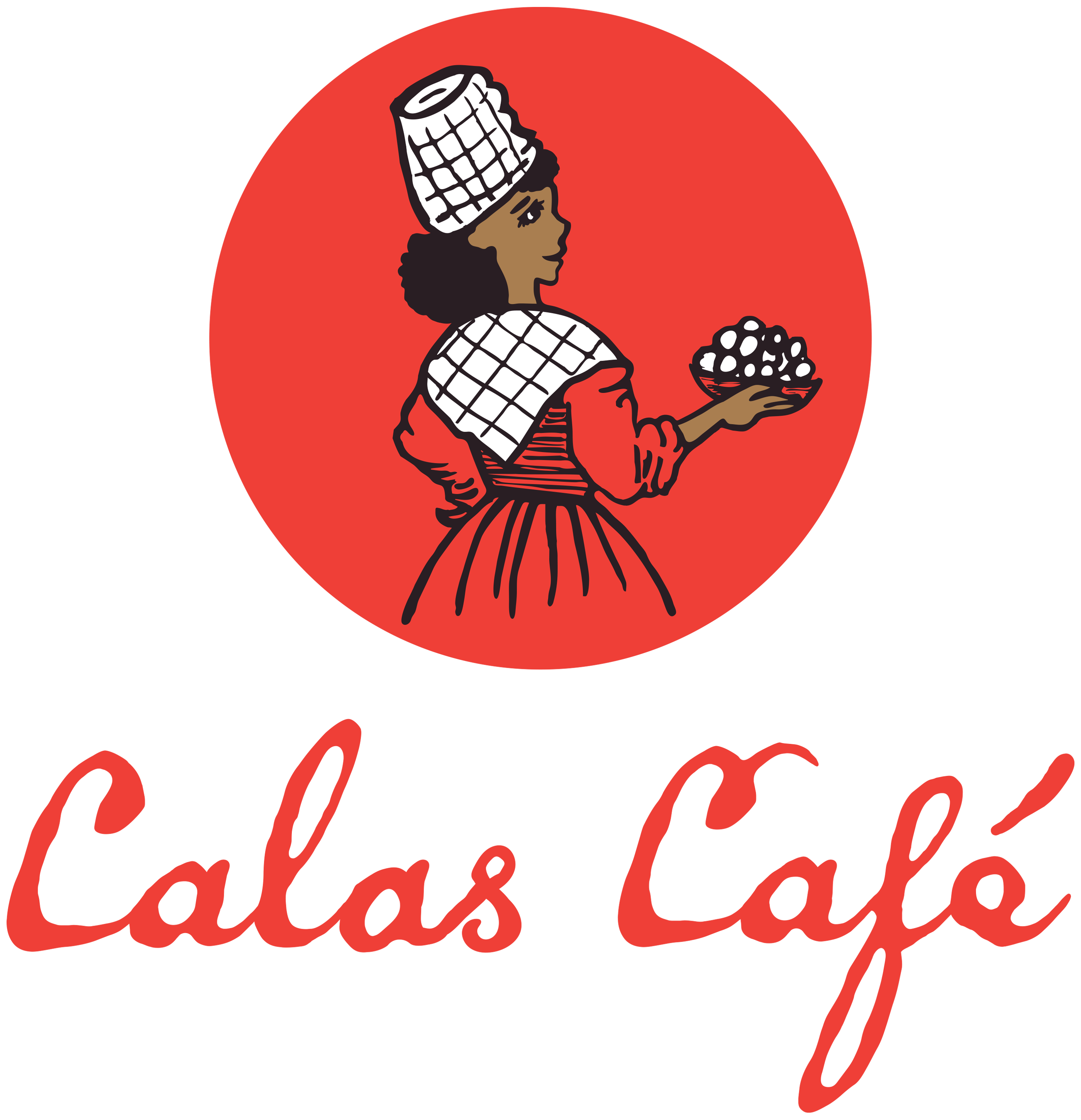 Illustrated logo for Calas Café featuring a Black woman in historic Creole attire, wearing a patterned headwrap and checkered shawl, shown in profile holding a plate of round calas fritters. She stands against a solid red circle. The words “Calas Café” appear below in a red, handwritten-style script.