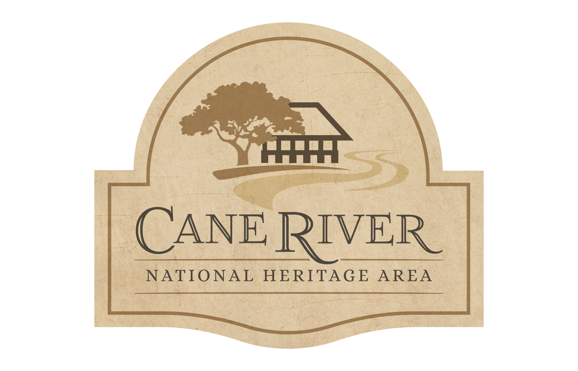 Logo for the Cane River National Heritage Area. The design features a stylized oak tree and Creole-style raised cottage beside a winding river path, all set within a tan, arch-shaped frame with the words “Cane River National Heritage Area” below the illustration.