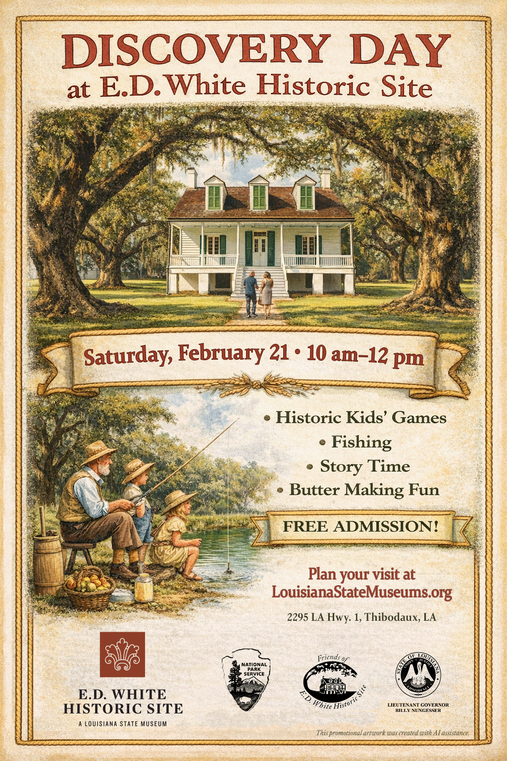 A vintage-style illustrated flyer for “Discovery Day at E.D. White Historic Site.” At the top, the title appears in bold red serif text. The main artwork shows the white, two-story E.D. White house with green shutters framed by massive live oak trees, and a family walking toward the front porch. Below, an illustration depicts a man and two children fishing beside a bayou, with a churn and basket of produce nearby. A banner reads “Saturday, February 21 • 10 am–12 pm.” A bulleted list advertises Historic Kids’ Games, Fishing, Story Time, and Butter Making Fun. A green-and-gold banner says “Free Admission!” Logos for the E.D. White Historic Site, National Park Service, Friends group, and Lieutenant Governor are at the bottom along with the address 2295 LA Hwy. 1, Thibodaux, LA, and a note that the artwork was created with AI assistance.