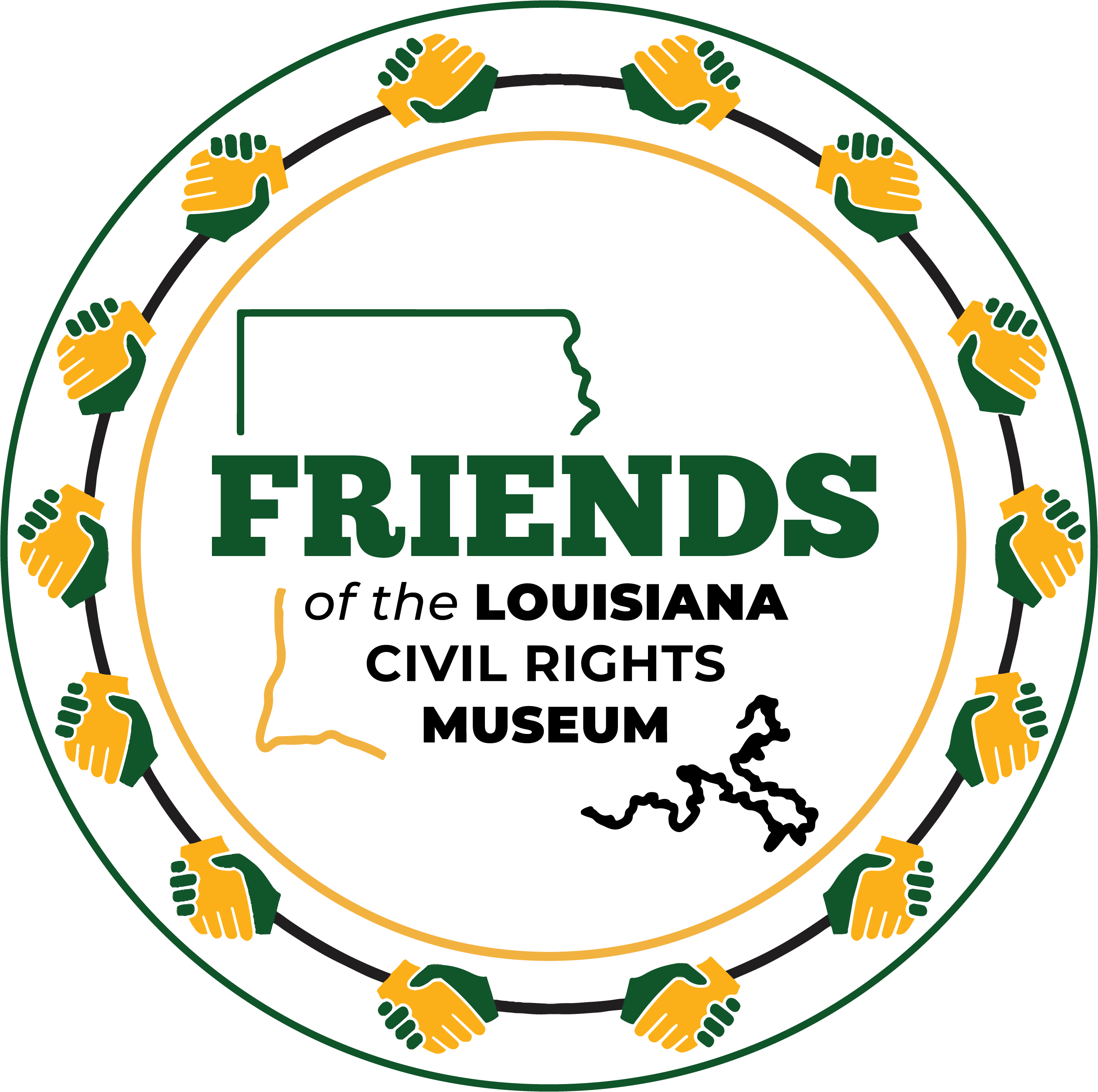 A circular logo for the Friends of the Louisiana Civil Rights Museum. The outer ring features alternating yellow and green clasped hands forming a continuous circle. Inside, a thin gold circle surrounds a stylized green outline of the state of Louisiana. Centered text in bold green letters reads “FRIENDS.”