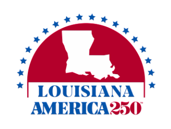 The Louisiana America 250 logo. It features a white silhouette of the state of Louisiana inside a large red semi-circle. An arc of blue stars is above the semi-circle. Below, the text reads "LOUISIANA" in blue, above "AMERICA 250," also in blue.