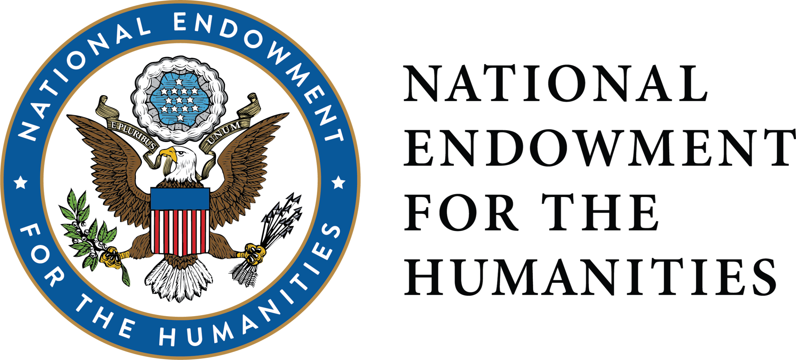 Logo for the National Endowment for the Humanities (NEH), featuring the Great Seal of the United States with a bald eagle holding an olive branch and arrows. The seal is surrounded by a blue circular border with white lettering reading “National Endowment for the Humanities.” To the right, the organization’s name appears in large, black uppercase serif lettering across four lines.