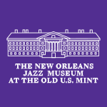 White line illustration of the New Orleans Jazz Museum building above the text “The New Orleans Jazz Museum at the Old U.S. Mint” on a purple background.