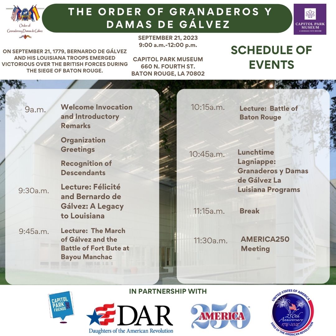Flyer and Schedule of Events forThe Order of Granaderos y Damas de Gálvez Meeting at Capitol Park Museum