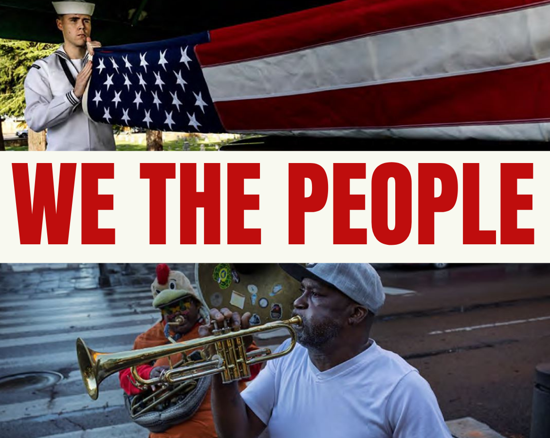Promotional graphic for “We the People” featuring a sailor holding a folded American flag at the top and two New Orleans brass musicians performing at the bottom. Large red text in the center reads “WE THE PEOPLE.”