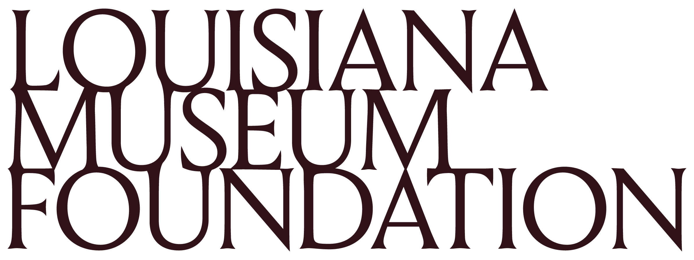 Stacked wordmark reading “Louisiana Museum Foundation” in a dark umber serif typeface on a transparent background, with the words arranged vertically and overlapping slightly for a layered effect.