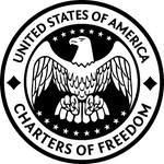A black and white circular logo. In the center is an illustration of the Great Seal of the United States, featuring an eagle. The words "UNITED STATES OF AMERICA" curve around the top of the logo, and "CHARTERS OF FREEDOM" curve around the bottom.