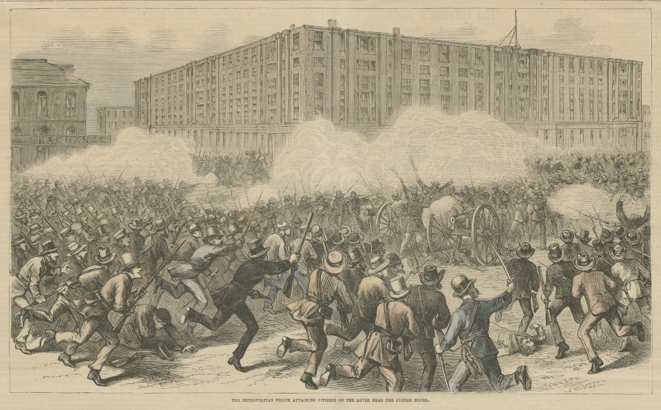 Illustrated scene of a violent street battle in New Orleans, showing a large crowd of armed men clashing near the levee in front of a massive warehouse building. Many figures wear hats and period clothing, some firing rifles while others charge forward with weapons raised. Smoke from gunfire fills the scene, partially obscuring the building behind them. A cannon is positioned at center-right, with men operating it amid the chaos. The composition is dense and chaotic, emphasizing the scale and intensity of the conflict.
