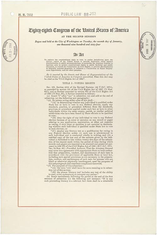 Photograph of a printed government document titled “Public Law 88-352,” identified as an act of the Eighty-eighth Congress of the United States, dated 1964. The page features formal text outlining provisions of the Civil Rights Act, including voting rights protections, with official stamps visible along the margins.