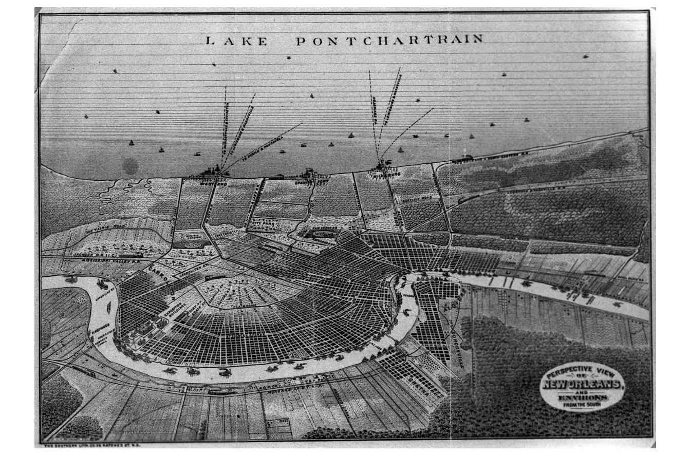 Black-and-white illustrated bird’s-eye view map of New Orleans and its surroundings, labeled with “Lake Pontchartrain” at the top and the Mississippi River curving through the city. The dense street grid is shown in detail, with surrounding rural land, roads, and water features. The image is labeled “Perspective View of New Orleans and Environs from the South.”