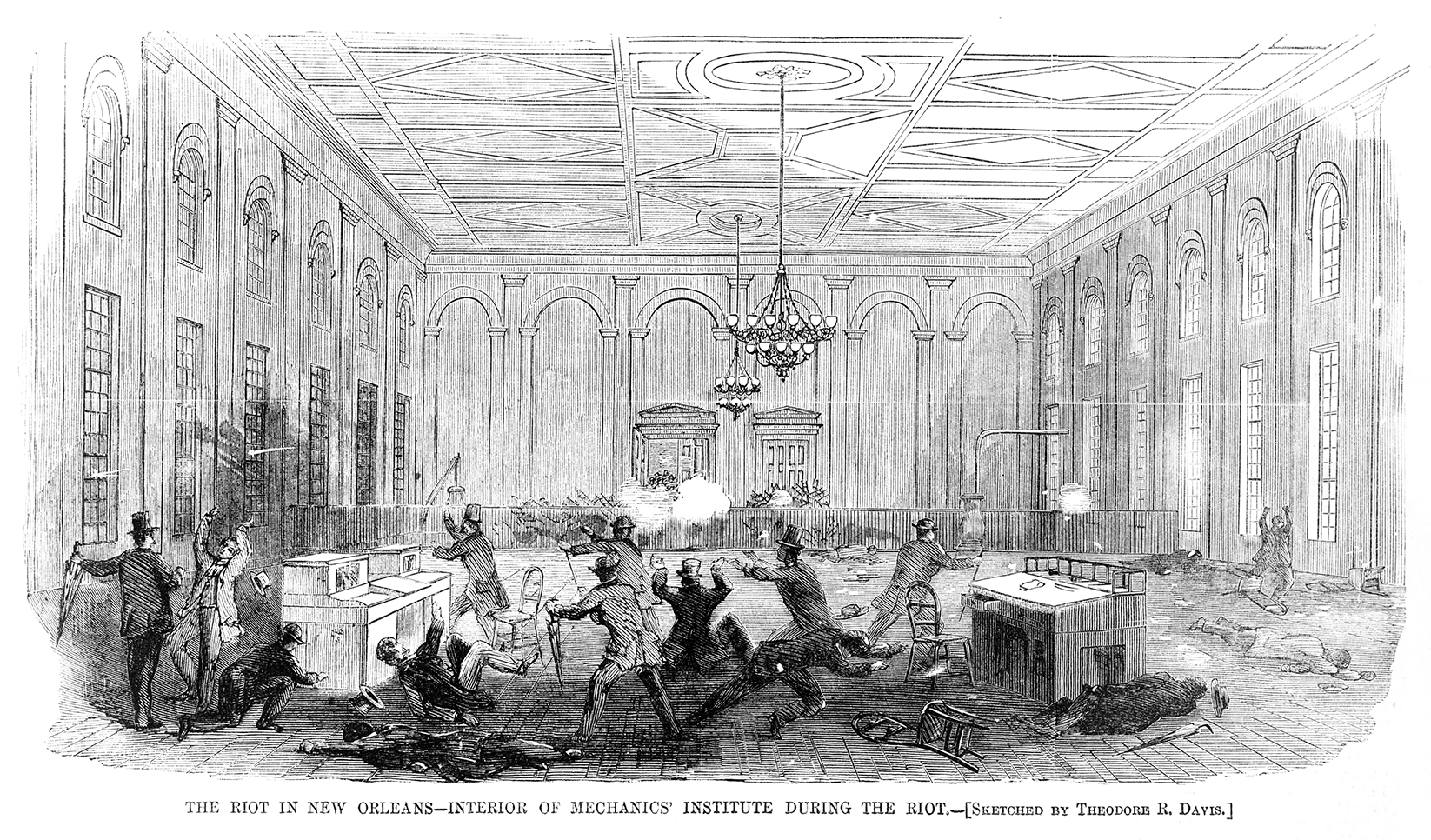Black-and-white illustration of armed men firing guns inside a large hall during the 1866 New Orleans Mechanics’ Institute riot; figures fall or flee as smoke fills the room and furniture is overturned.