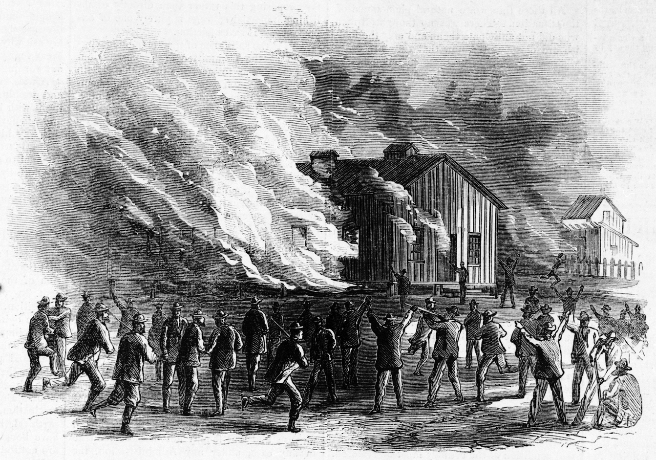 Black-and-white illustration of a crowd of men gathered around a wooden building engulfed in flames, some raising arms or weapons as smoke billows into the sky.