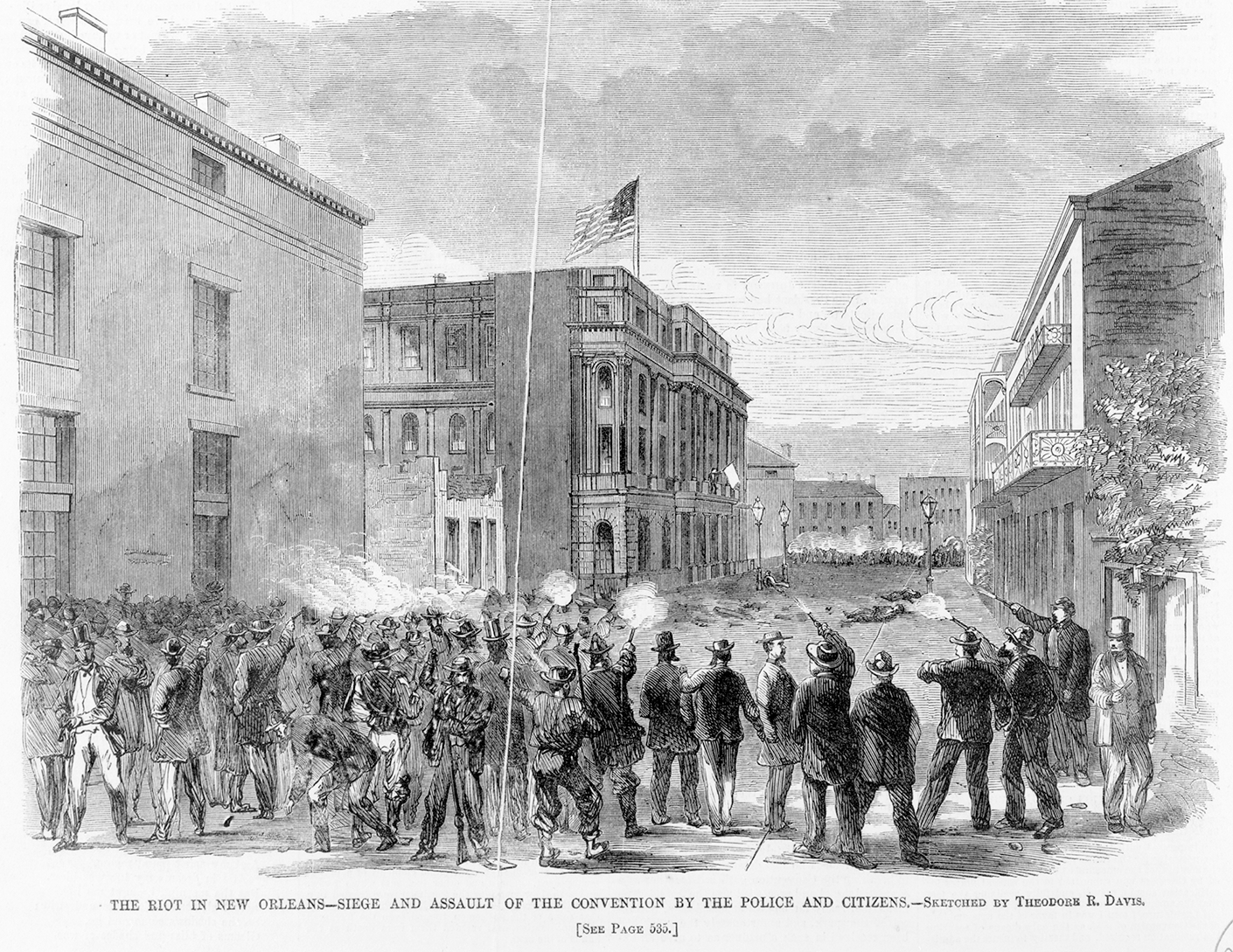 Black-and-white illustration of armed men and police clashing in a New Orleans street during the 1866 riot, with gunfire, smoke, and bodies visible as a crowd advances toward a large civic building flying an American flag.