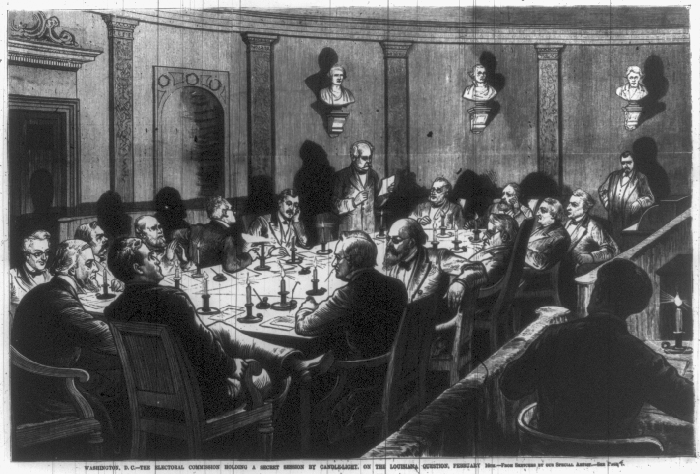 Black-and-white illustration of a formal meeting room where a group of men sit around a table lit by candles. One man stands reading a document while others listen, representing a deliberative session related to the Louisiana election dispute.