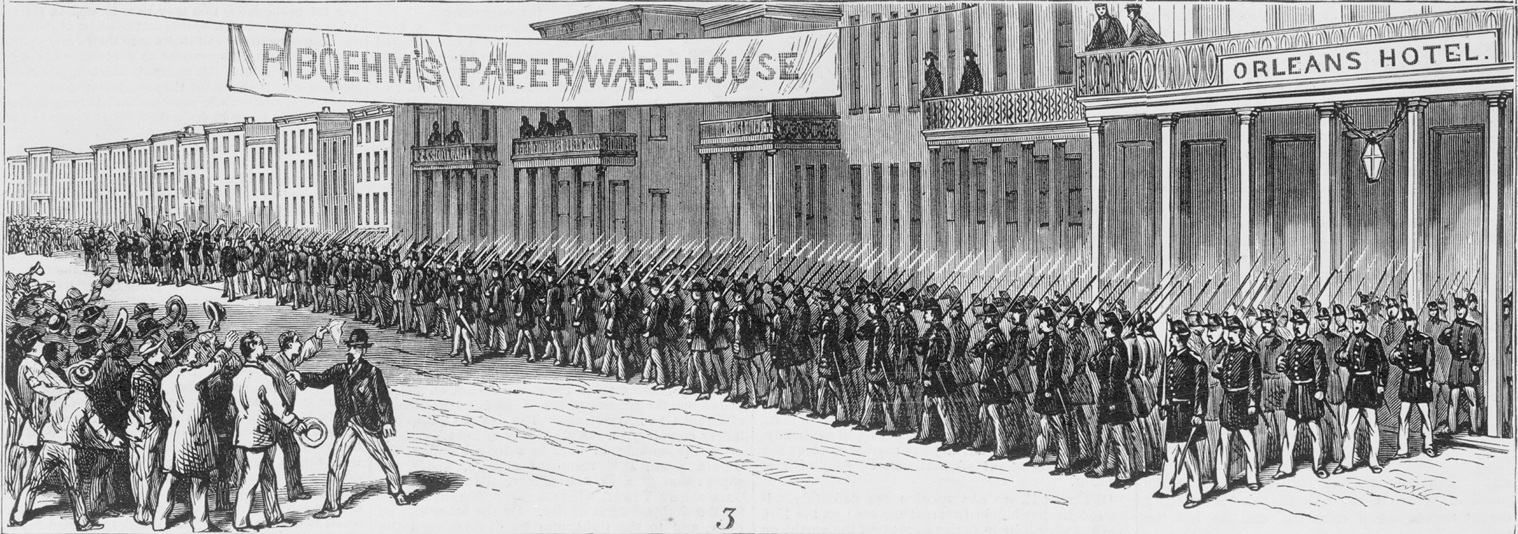 Illustration of a long line of armed soldiers standing in formation along a New Orleans street near buildings labeled “Orleans Hotel” and “A. Boeuf’s Paper Warehouse.” Civilians gather at the left, gesturing toward the troops, while onlookers watch from balconies above.