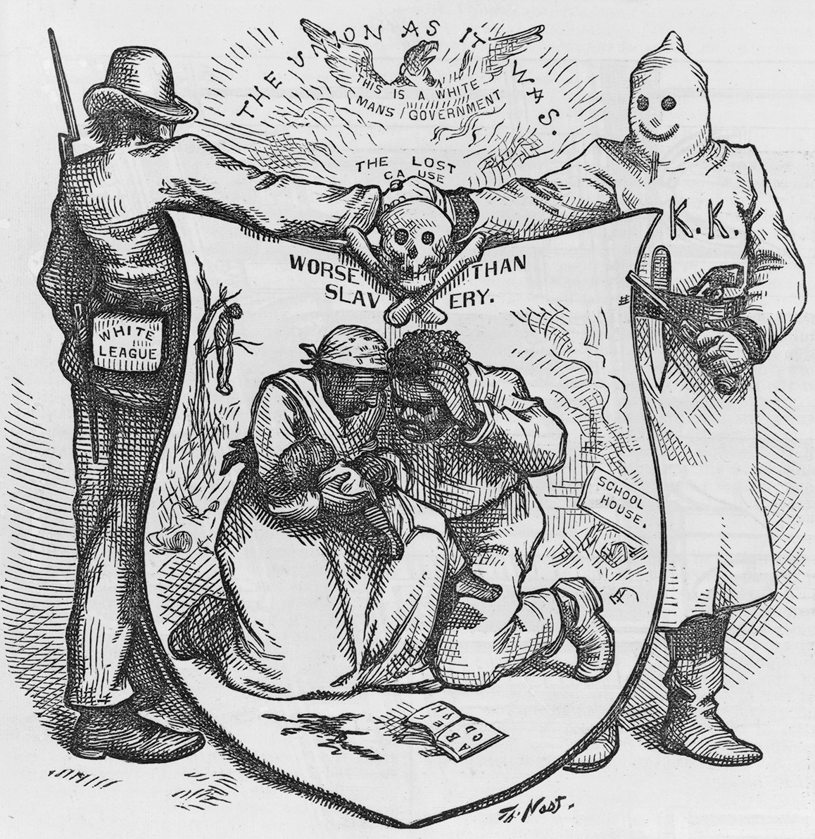 Political cartoon depicting two armed white supremacist figures—one labeled “White League” and the other in Ku Klux Klan robes—joining hands above a shield marked with slogans about the “Lost Cause” and “white man’s government.” Beneath the shield, a Black family (a man, woman, and child) crouches together in fear. A broken sign reading “school house” and a damaged book lie nearby, suggesting destruction of education and safety. The image uses exaggerated symbolism to portray violence, intimidation, and white supremacist ideology during the Reconstruction era.