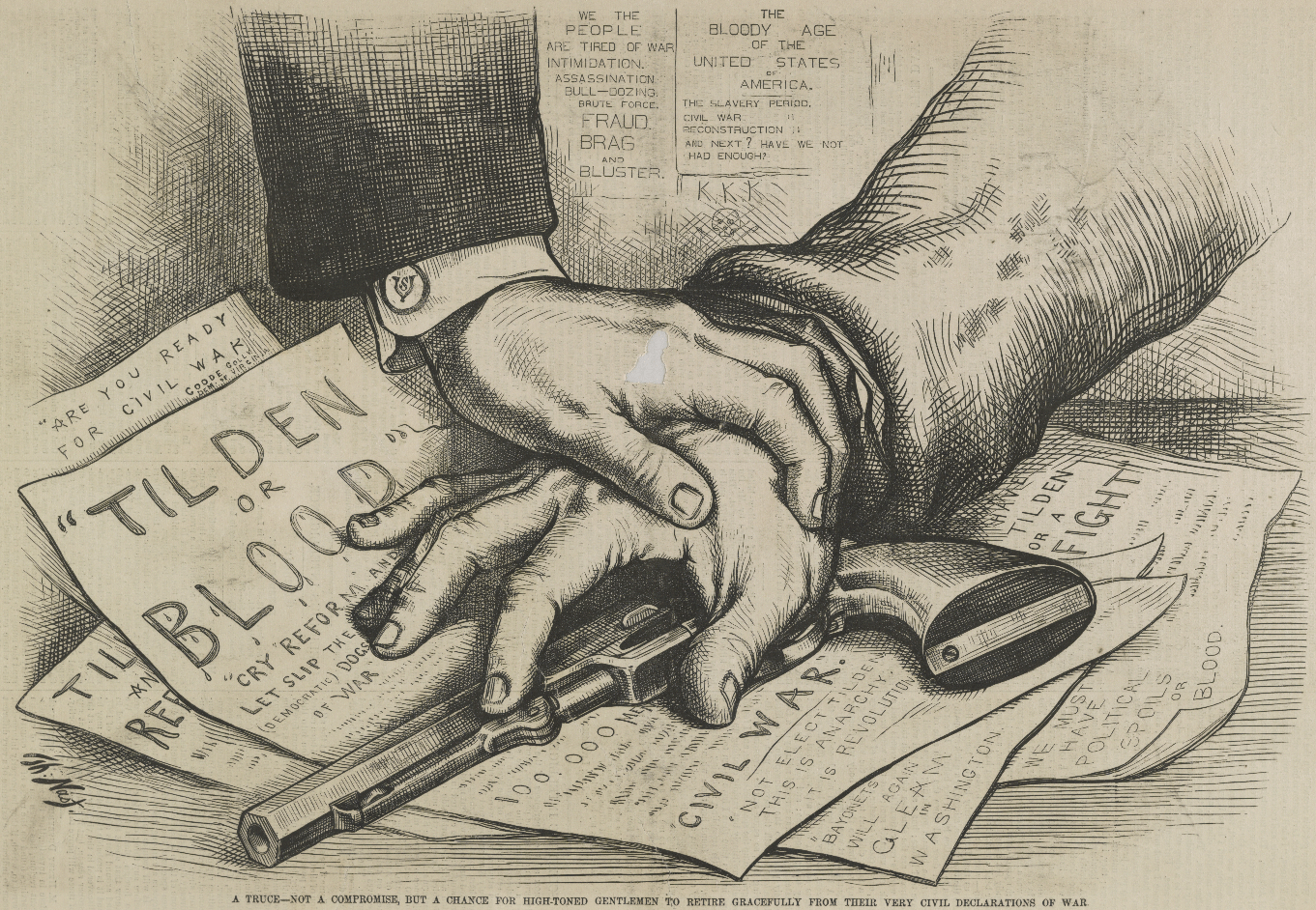Political cartoon showing two hands clasped over a revolver resting on scattered papers with phrases about “civil war,” “fraud,” and “violence.” The imagery suggests a tense truce or uneasy agreement following conflict.