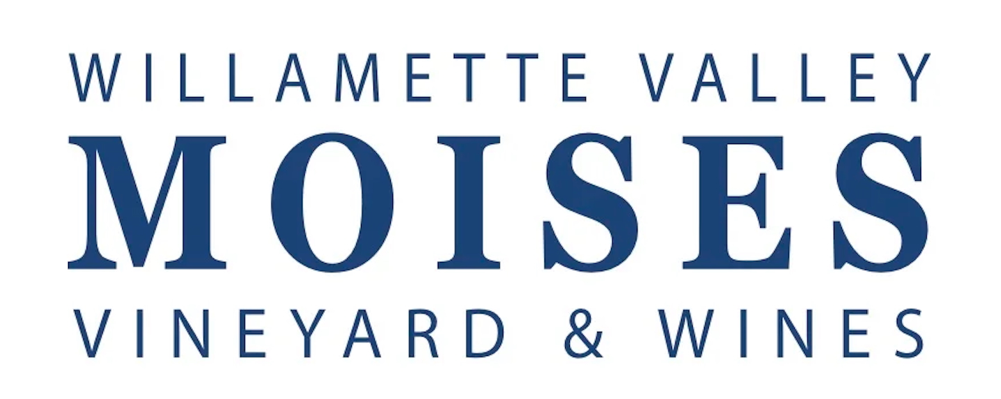 Logo reading “Willamette Valley Moises Vineyard & Wines” in dark blue serif lettering on a white background.