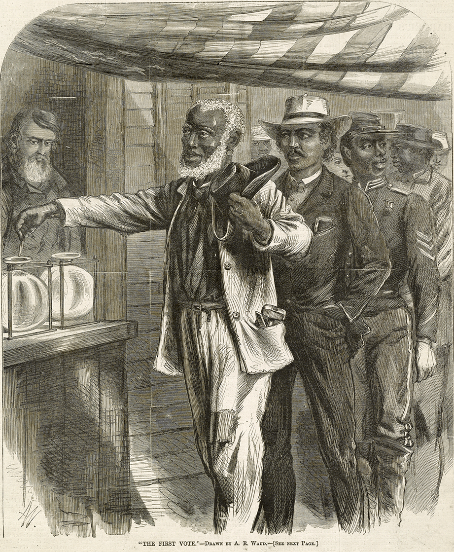 Black-and-white illustration titled “The First Vote,” showing an African American man casting a ballot while white officials and uniformed soldiers stand nearby, observing the voting process during Reconstruction.