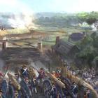 Color painting of the 1779 Siege of Baton Rouge, showing Spanish troops operating large cannons against the British fort. Smoke rises from the battlefield as soldiers in blue and red uniforms engage in combat. 