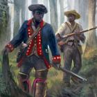 Painting of two Black soldiers in a forest during the American Revolution. The figure in front wears a blue and red Spanish military coat with tall boots and carries a musket, while the man behind him, in a wide-brimmed straw hat and simple shirt, also carries a musket. They move cautiously through shallow water in a wooded landscape.