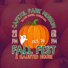 Graphic of an orange pumpkin with a small white ghost and text that reads “Oct. 26.” Surrounding text announces “Capitol Park Museum, Baton Rouge, Louisiana — Fall Fest & Haunted House, 2 PM–6 PM.” The background is filled with pumpkins, and the lower right corner features the logo for Friends of the Capitol Park Museum.